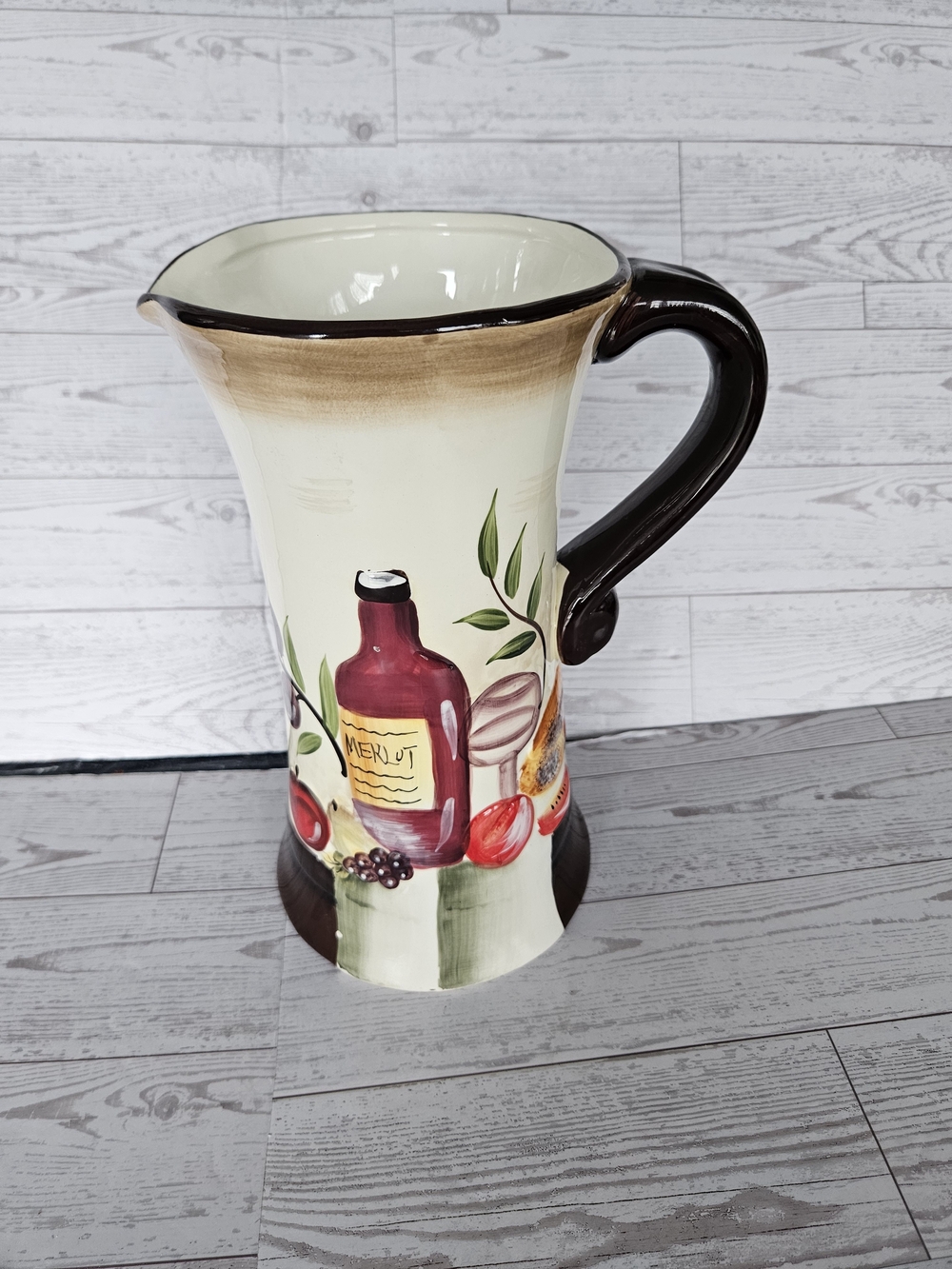 Ceramic Wine-Themed Pitcher - Cream and Brown